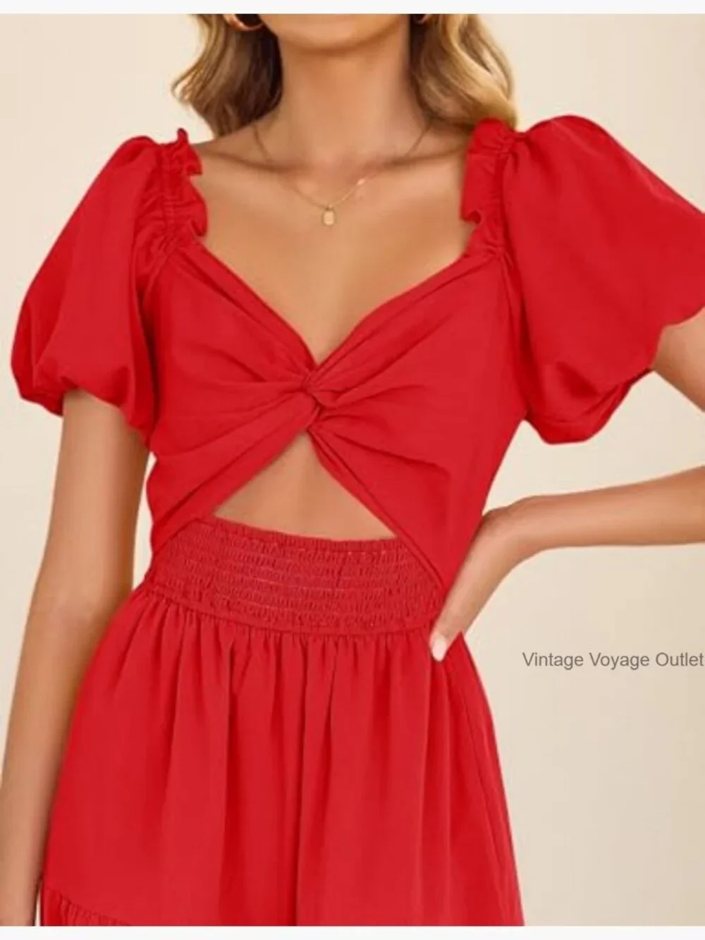 Flowy High Waist A-Line Maxi Dress with Short Puff Sleeves - Picture 6 of 7